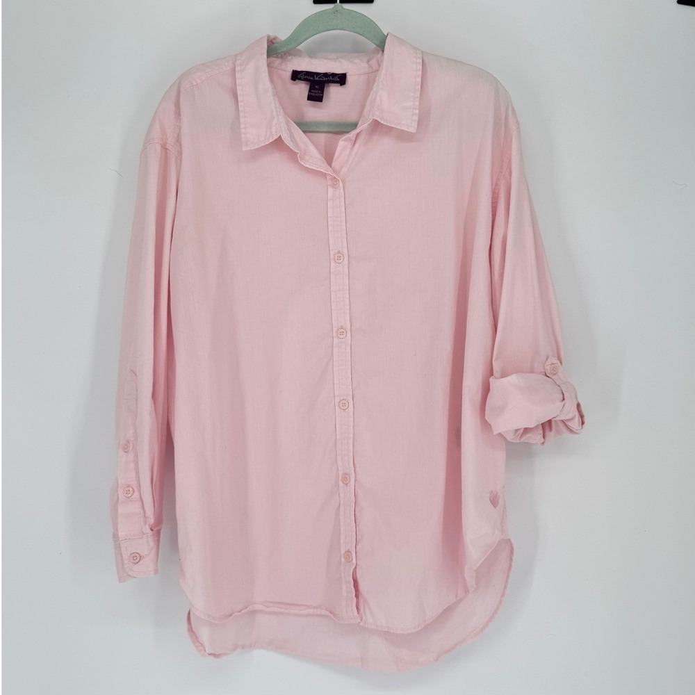 Gloria Vanderbilt Button Up Shirt XL Pink 100% Cotton Long Sleeve Preppy Classic